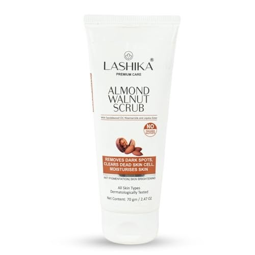 Lashika Almond & Walnut Scrub | Contains AHA & Niacinamide, Sandalwood Oil | Face & Body Exfoliator For Dark Spots & Skin Brightening | Dermatologically Tested | For Men & Women | 70gm - Image 1