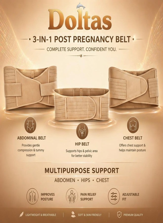 DOLTAS 3-in-1 Post Pregnancy Abdominal Belt for Women – C-Section Abdomen Belt & Belly Wrap for After Delivery Recovery – Adjustable Postpartum Belt, Maternity Belt for Waist, Pelvis & Tummy Support (Free Size) (Beige Skin) - Image 2