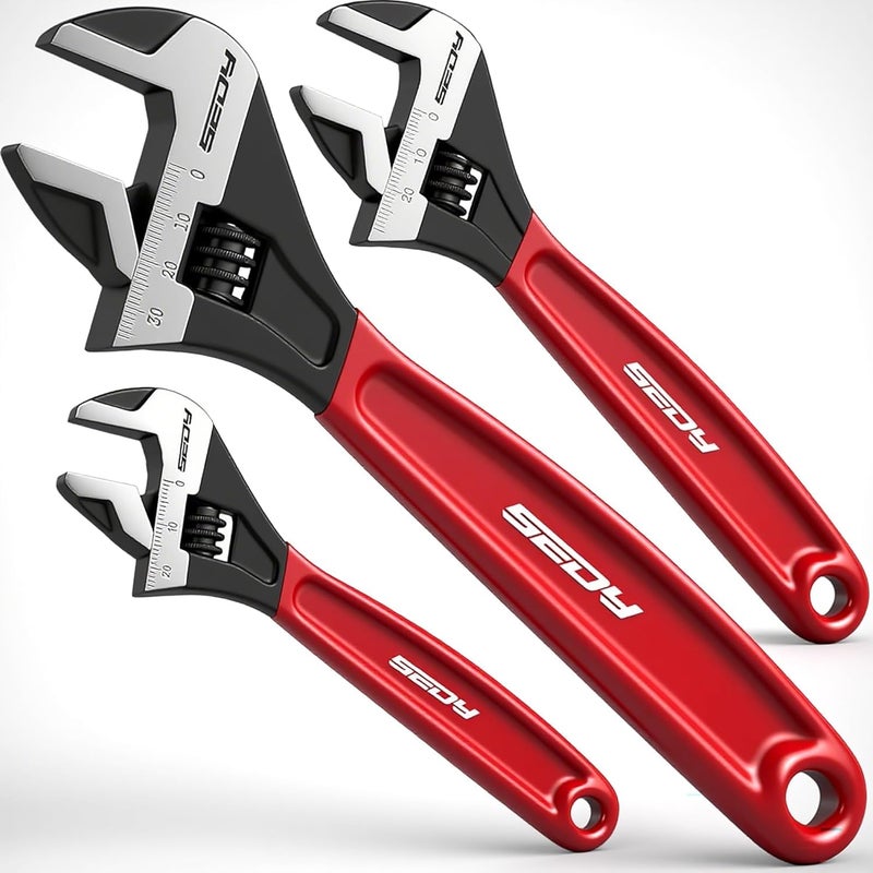 SEDY Adjustable Wrench Set Pipe Spanner: 6" 8" 10" Wide Jaw Black Oxide Wrench With Cushion Grip, Laser Marked Metric & SAE Scales, CR-V Steel for Professional - Image 1