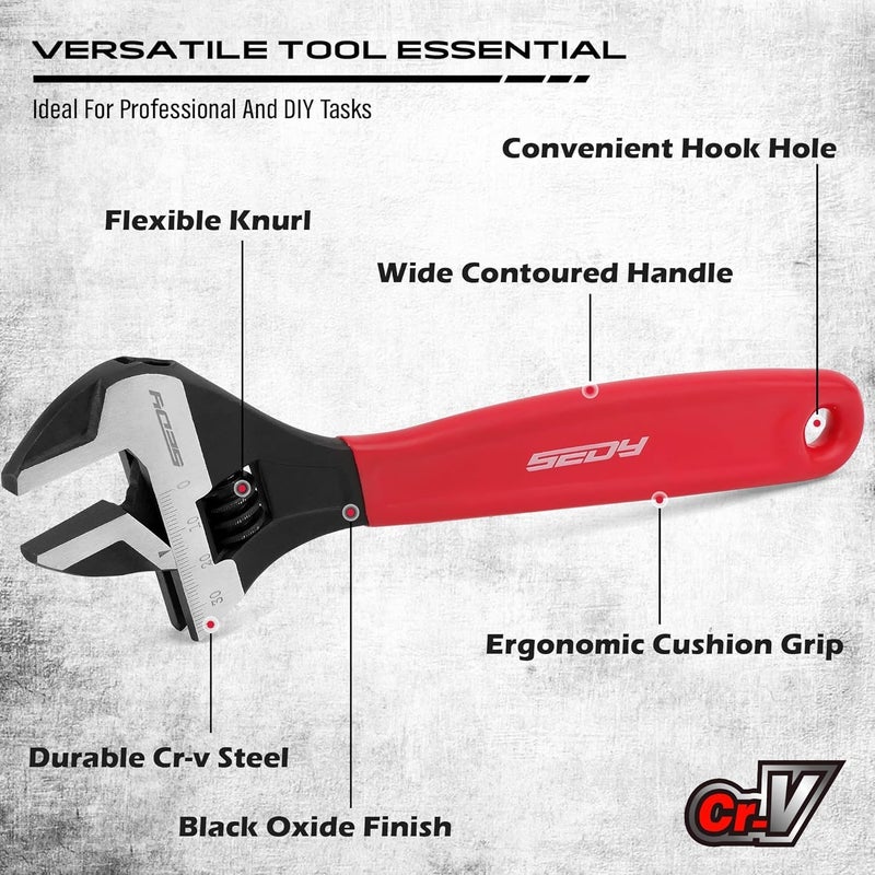 SEDY Adjustable Wrench Set Pipe Spanner: 6" 8" 10" Wide Jaw Black Oxide Wrench With Cushion Grip, Laser Marked Metric & SAE Scales, CR-V Steel for Professional - Image 4