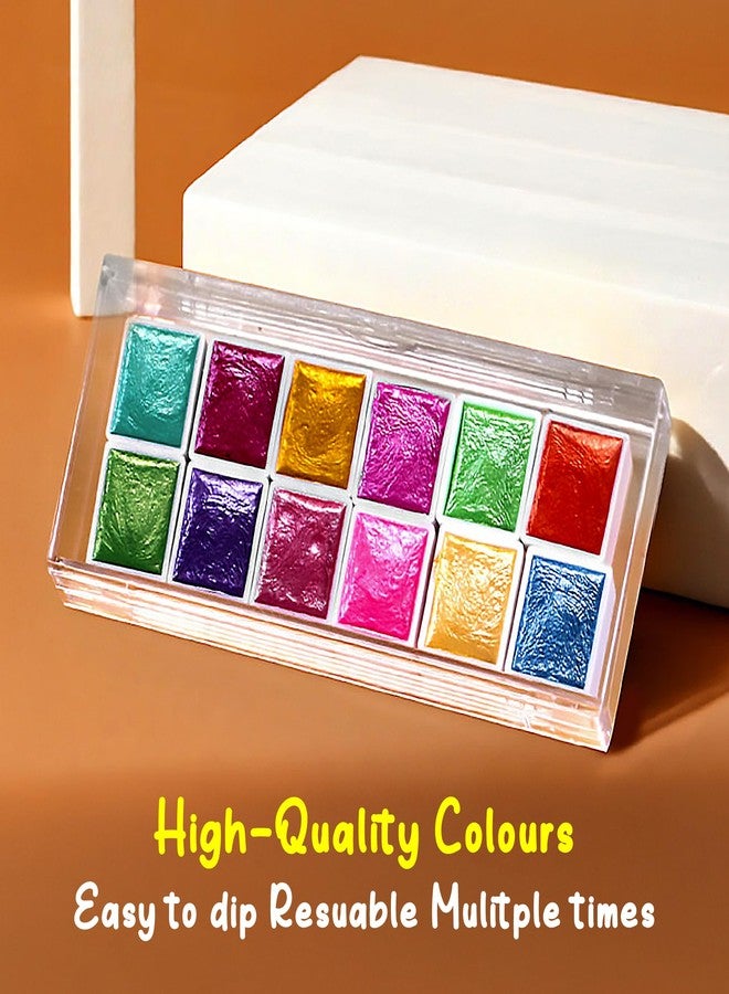 The Crafthives Shimmer Solid Watercolor Set | 12 Vintage Colors | Metallic Pearl Finish Cakes for Painting, Calligraphy & Journaling | Premium Artist Set for Students & Professionals - Image 4