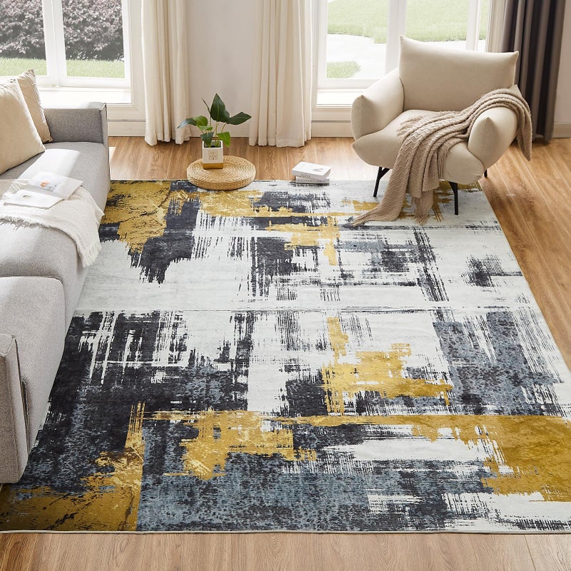 VKLIVING 5x7 Area Rug Abstract Machine Washable Rug NonSlip Modern Woven Boho Soft Carpet Washable Rugs for Living Room Bedroom Kitchen Dining Office  Home Dcor Gold Brushstroke