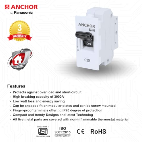 Anchor by Panasonic UNO Mini Roma 25 Amp Single Pole C Curve Mini MCB | Single Pole 25A Mini MCB (66155) - Image 2
