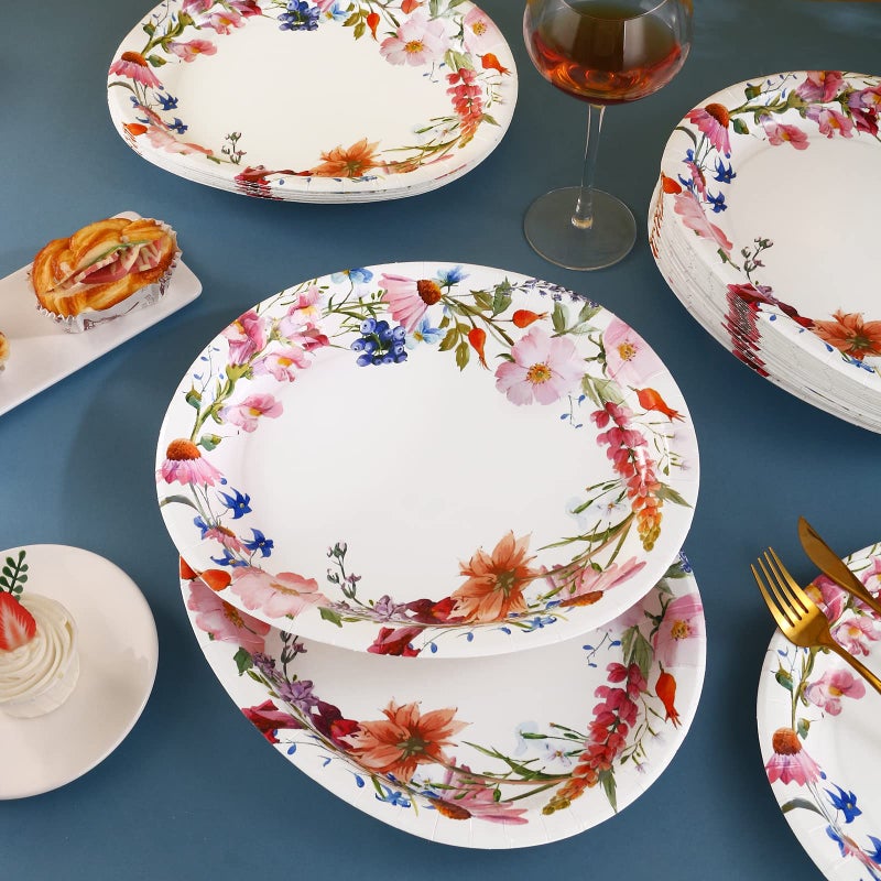 Boocikey 50PCS Spring Floral Oval Paper Plates Party Supplies 10""?12"" in Large Oval Dinner Plates Tea Party Plates Bulk for Holiday Bridal Shower Wedding Wildflower Party Decorations - Image 5