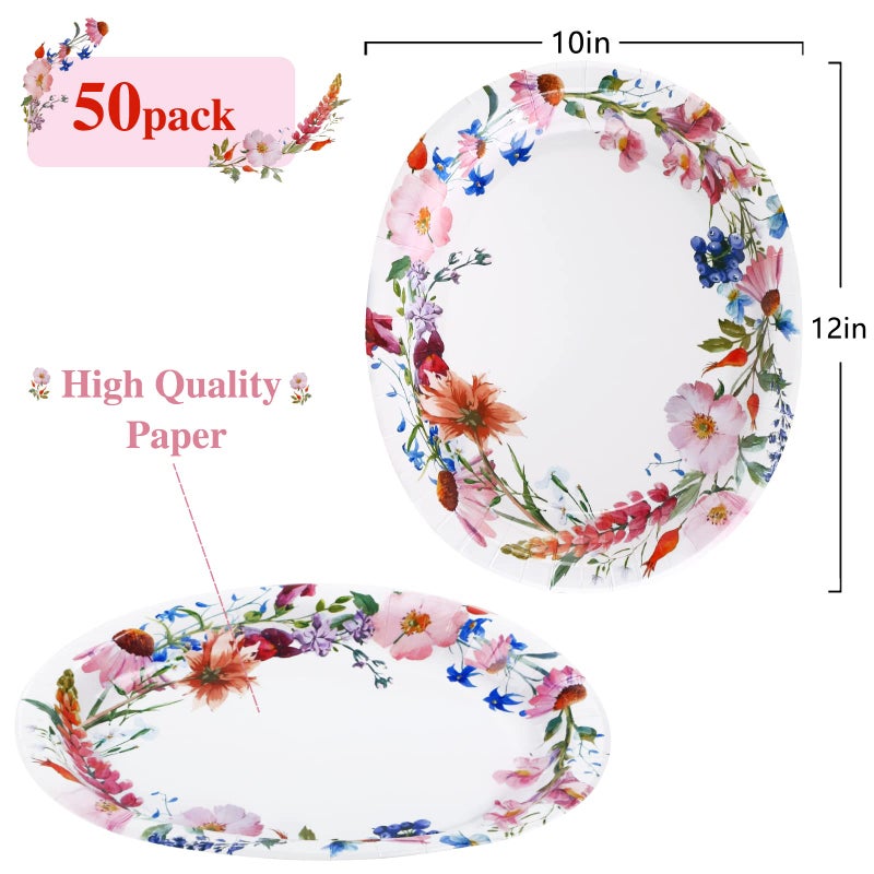 Boocikey 50PCS Spring Floral Oval Paper Plates Party Supplies 10""?12"" in Large Oval Dinner Plates Tea Party Plates Bulk for Holiday Bridal Shower Wedding Wildflower Party Decorations - Image 3