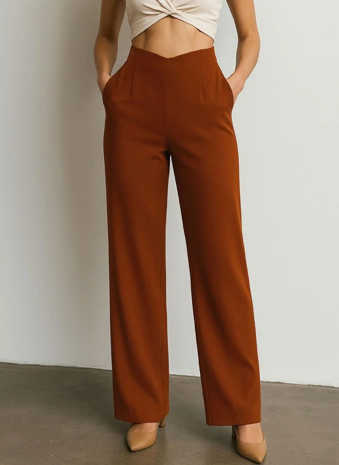 SASSAFRAS Rust High-Rise Pleated Korean Pants for Women