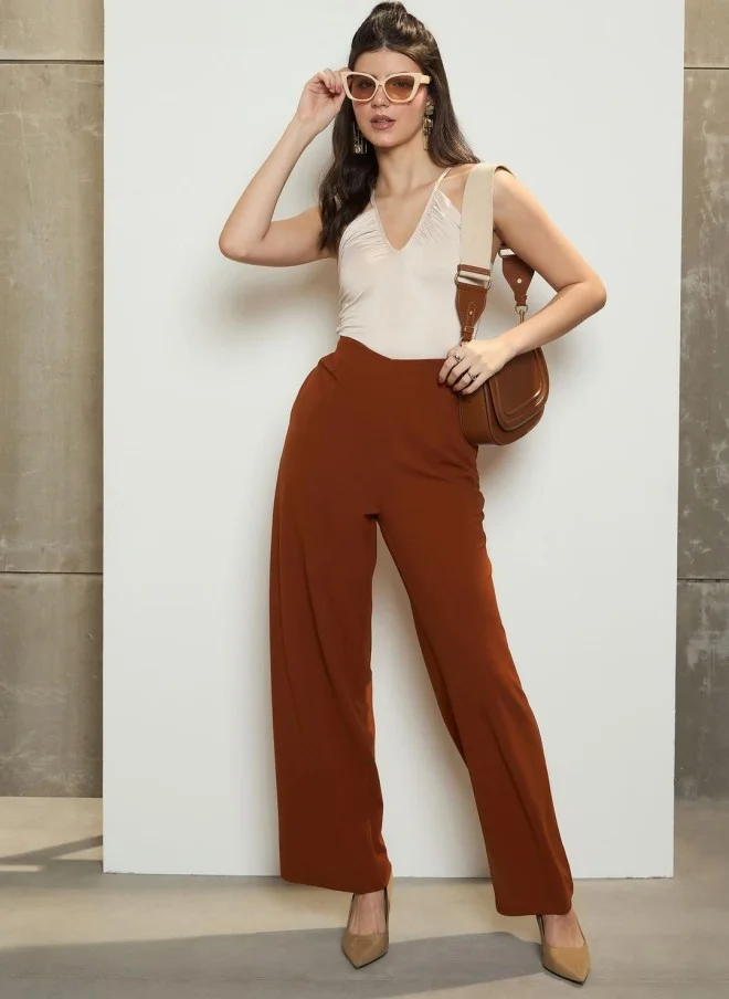 SASSAFRAS Rust High-Rise Pleated Korean Pants for Women