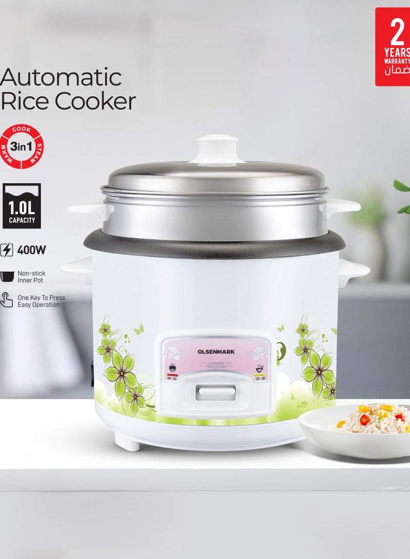 Olsenmark 3 In 1 Automatic Rice Cooker, Cook, Steam and Keep Warm, Aluminum Non-Stick Inner Pot 1 L 400 W OMRC7025 White - Image 1