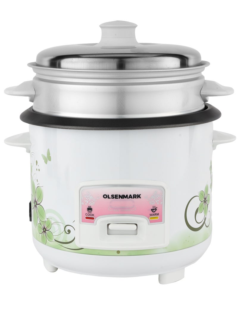Olsenmark 3 In 1 Automatic Rice Cooker, Cook, Steam and Keep Warm, Aluminum Non-Stick Inner Pot 1 L 400 W OMRC7025 White - Image 2