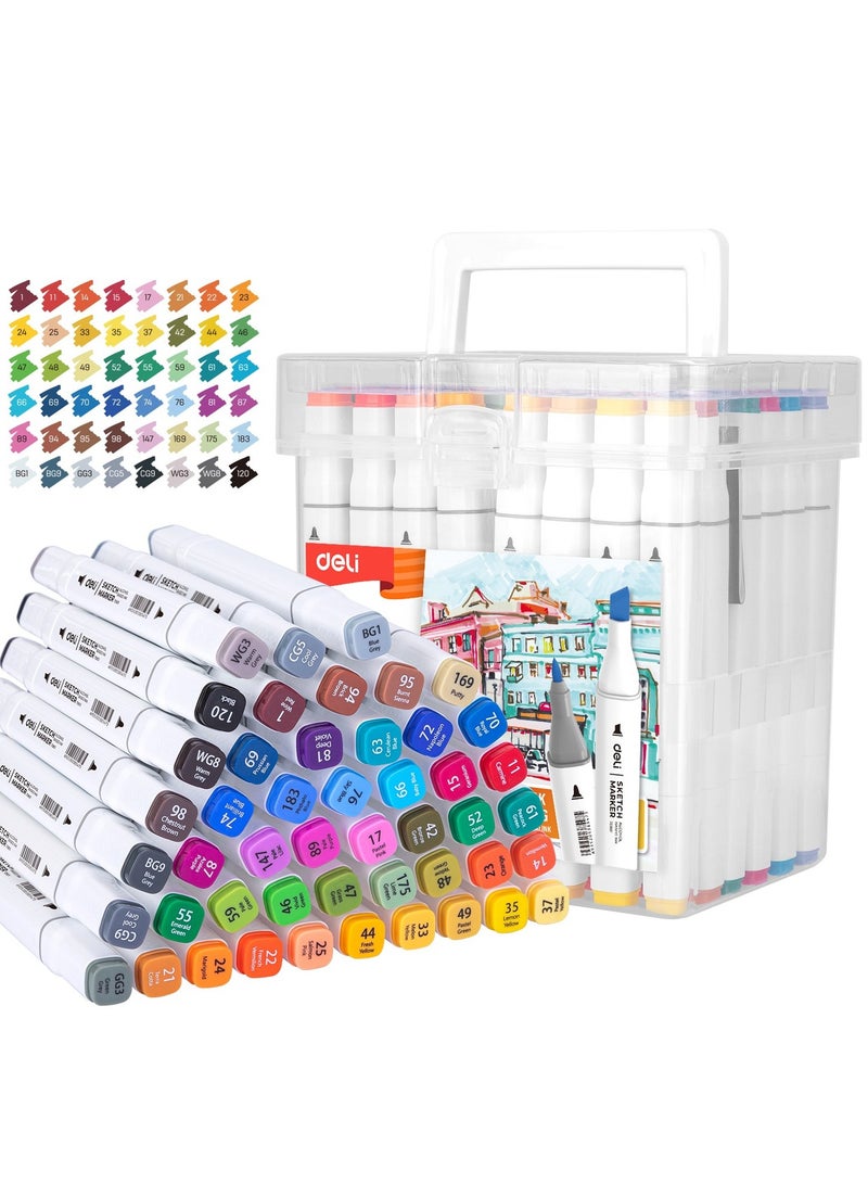 Deli E70801-48 Sketch Marker Set - 48 Colors with Dual Tips (1mm Bullet & 7mm Chisel), Square Barrel & Colour Chart - Image 1
