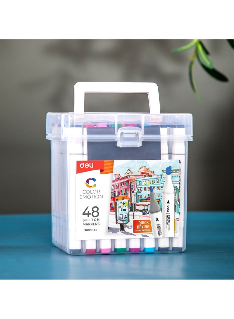 Deli E70801-48 Sketch Marker Set - 48 Colors with Dual Tips (1mm Bullet & 7mm Chisel), Square Barrel & Colour Chart - Image 4