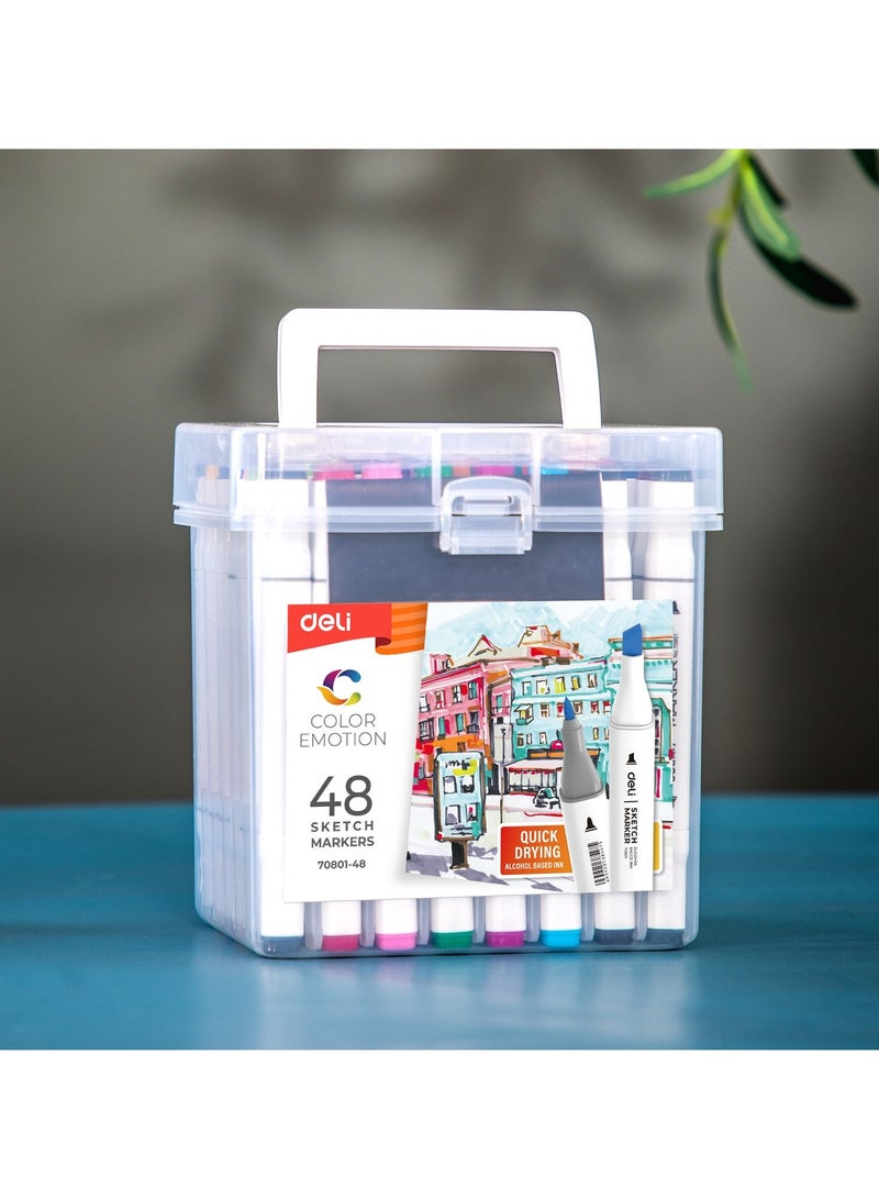 Deli E70801-48 Sketch Marker Set - 48 Colors with Dual Tips (1mm Bullet & 7mm Chisel), Square Barrel & Colour Chart - Image 2