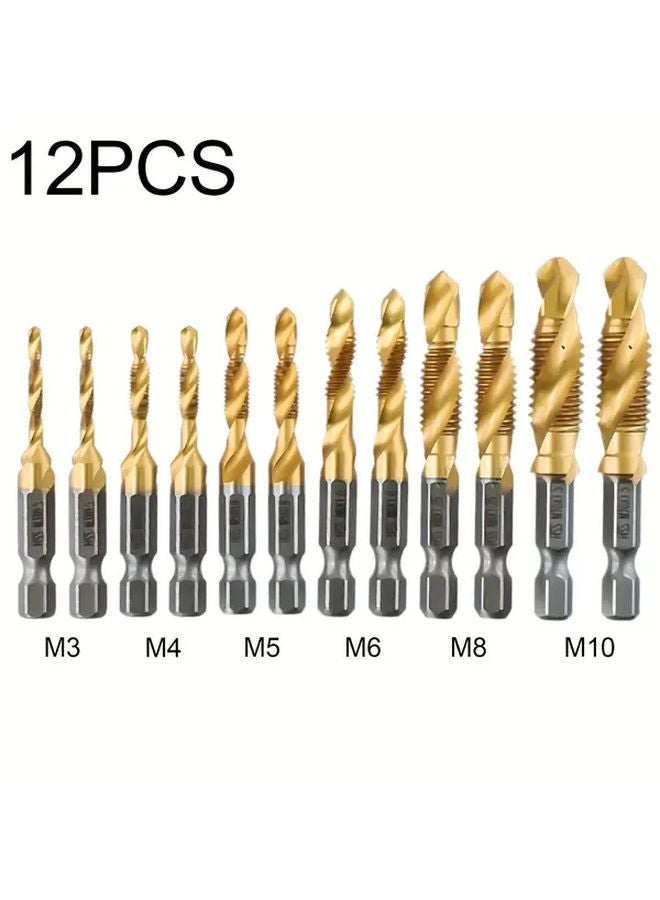 12pcs Titanium Coated High Speed Steel Tap Drill Bit Set M3 to M10 Hex Shank - Image 3