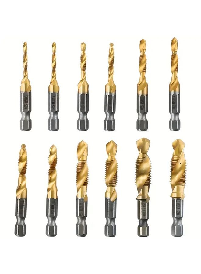 12pcs Titanium Coated High Speed Steel Tap Drill Bit Set M3 to M10 Hex Shank - Image 1