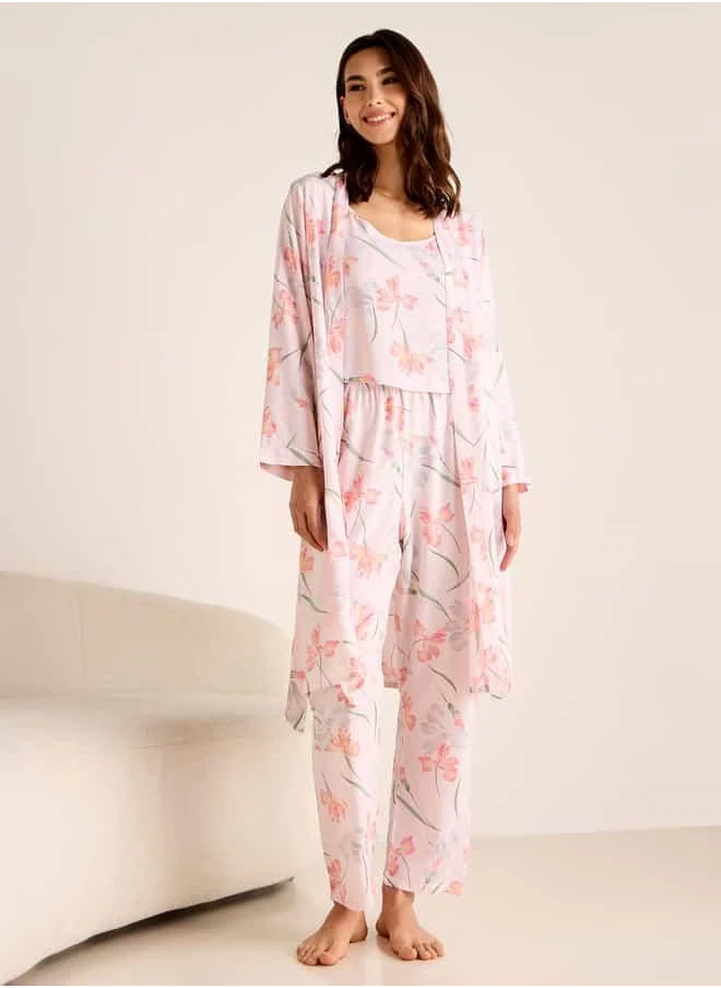 فاف Floral Print Night Robe with Camisole and Pyjama Set