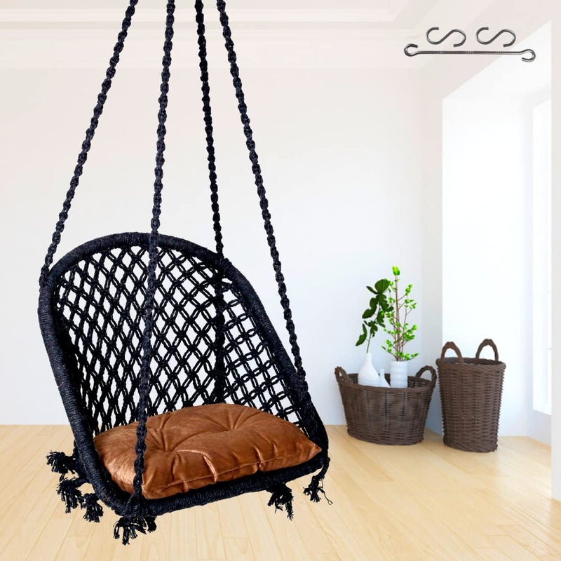 Swing for AdultsJhula for AdultsWooden Swing for Living Room for BalconySwing ChairSwing for Adults for HomeCotton D Shape Hammock Hanging SwingIncludes Brown Cushion Hanging KitBlack