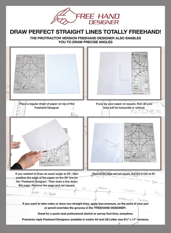 StraightLines 2 x Lettersize 'Freehand Designer' Sheets. Draw Perfect Straight Lines Templates. 1 x Grid Sheet for Scale Drawings, 1 x Protractor Sheet for Angles. - Image 4
