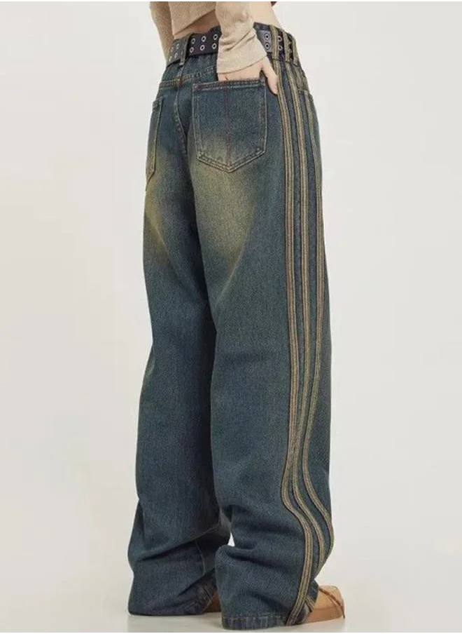 YUNIQEE Blue Relaxed Fit High-Rise Light Fade Jeans with Side Stripe