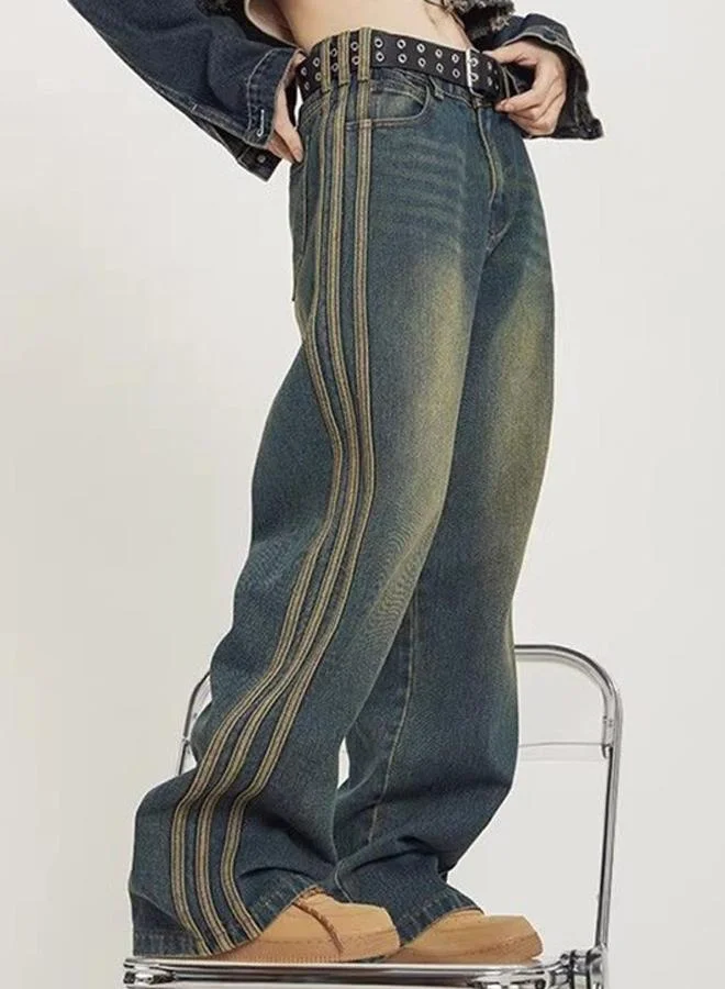 YUNIQEE Blue Relaxed Fit High-Rise Light Fade Jeans with Side Stripe