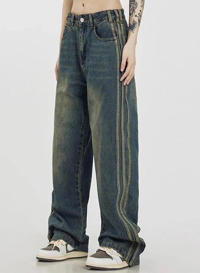 YUNIQEE Blue Relaxed Fit High-Rise Light Fade Jeans with Side Stripe