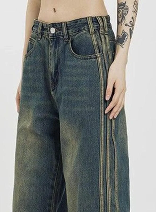 YUNIQEE Blue Relaxed Fit High-Rise Light Fade Jeans with Side Stripe