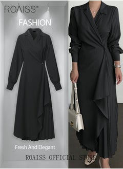 roaiss Ladies Tunic Dress Solid Color Formal Elegant Asymmetrical Pleated Design High Waiste Dress Vintage V-Neck Lapel Long Suit Ankle Length Dress for Women Casual Ramadan Black  - Image 3
