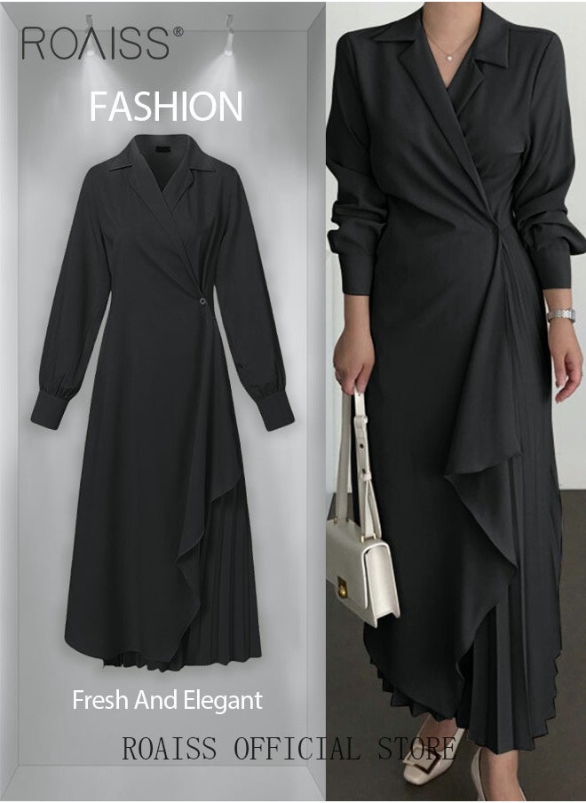 roaiss - Ladies Tunic Dress Solid Color Formal Elegant Asymmetrical Pleated Design High Waiste Dress Vintage V-Neck Lapel Long Suit Ankle Length Dress for Women Casual Ramadan Black - Image 1