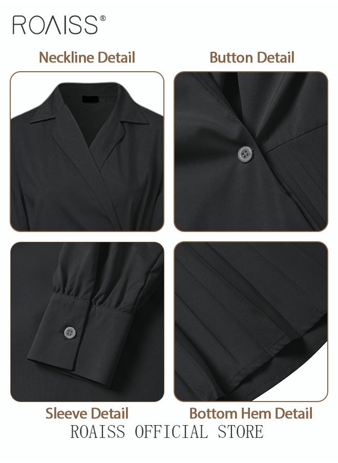 roaiss - Ladies Tunic Dress Solid Color Formal Elegant Asymmetrical Pleated Design High Waiste Dress Vintage V-Neck Lapel Long Suit Ankle Length Dress for Women Casual Ramadan Black - Image 1