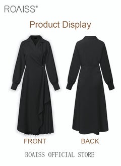 roaiss Ladies Tunic Dress Solid Color Formal Elegant Asymmetrical Pleated Design High Waiste Dress Vintage V-Neck Lapel Long Suit Ankle Length Dress for Women Casual Ramadan Black  - Image 4