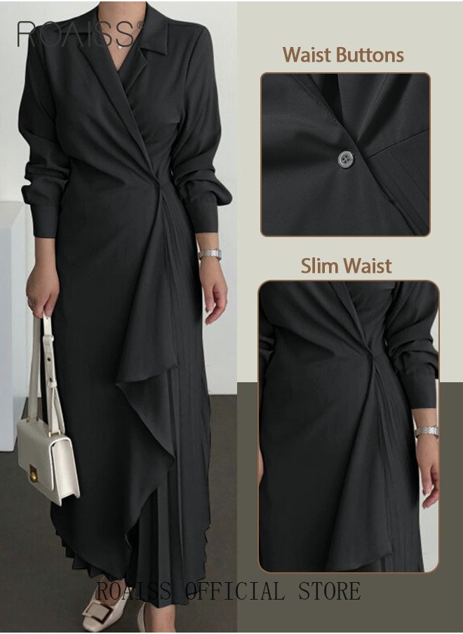 roaiss - Ladies Tunic Dress Solid Color Formal Elegant Asymmetrical Pleated Design High Waiste Dress Vintage V-Neck Lapel Long Suit Ankle Length Dress for Women Casual Ramadan Black - Image 1