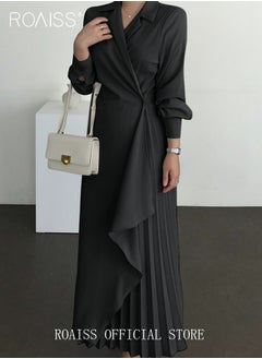 roaiss Ladies Tunic Dress Solid Color Formal Elegant Asymmetrical Pleated Design High Waiste Dress Vintage V-Neck Lapel Long Suit Ankle Length Dress for Women Casual Ramadan Black  - Image 2