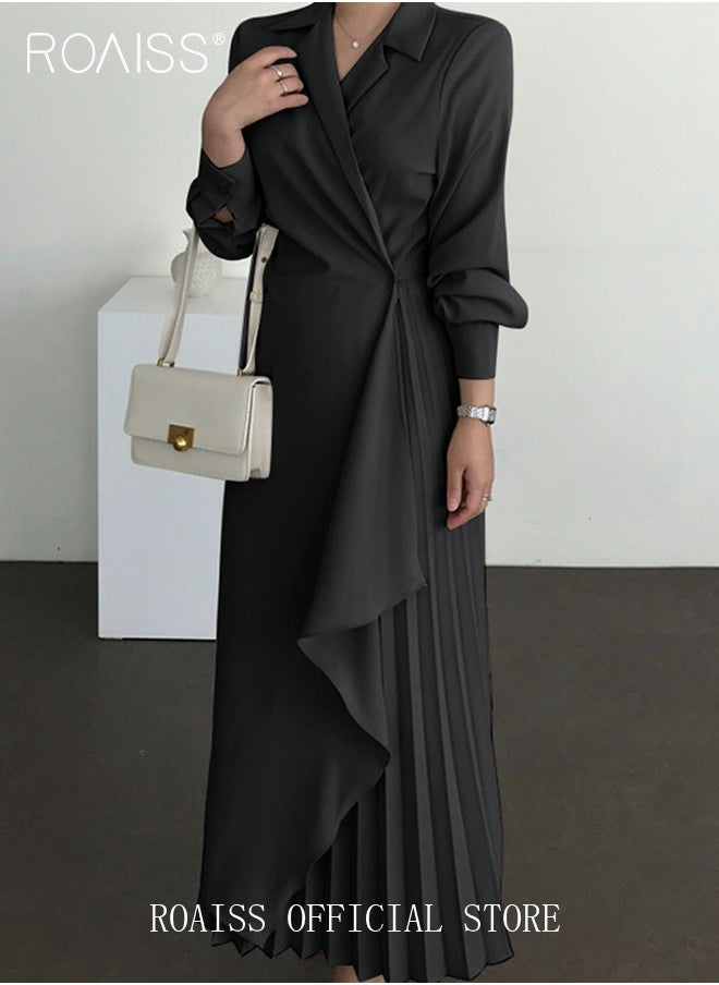 roaiss - Ladies Tunic Dress Solid Color Formal Elegant Asymmetrical Pleated Design High Waiste Dress Vintage V-Neck Lapel Long Suit Ankle Length Dress for Women Casual Ramadan Black - Image 1
