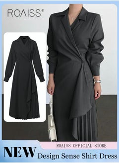 roaiss Ladies Tunic Dress Solid Color Formal Elegant Asymmetrical Pleated Design High Waiste Dress Vintage V-Neck Lapel Long Suit Ankle Length Dress for Women Casual Ramadan Black  - Image 1