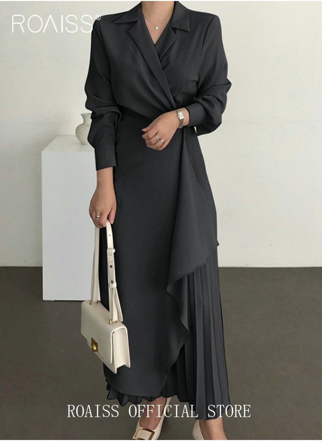 roaiss - Ladies Tunic Dress Solid Color Formal Elegant Asymmetrical Pleated Design High Waiste Dress Vintage V-Neck Lapel Long Suit Ankle Length Dress for Women Casual Ramadan Black - Image 1