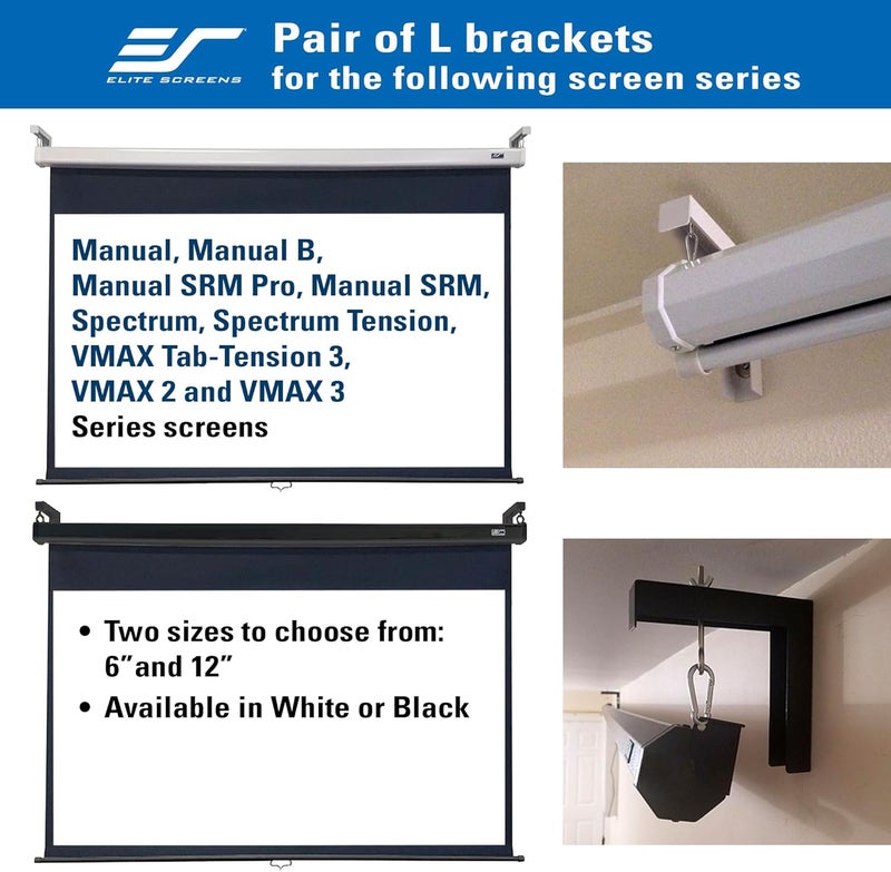 Elite Screens أقواس L لشاشة العرض البيضاء من Elite Screens مقاس 6 بوصات، هيكل معدني ملحوم فردي، تثبيت على الحائط أو السقف - تشمل الخطافات والعتاد، الموديل: ZVMAXLB6-W - Image 3