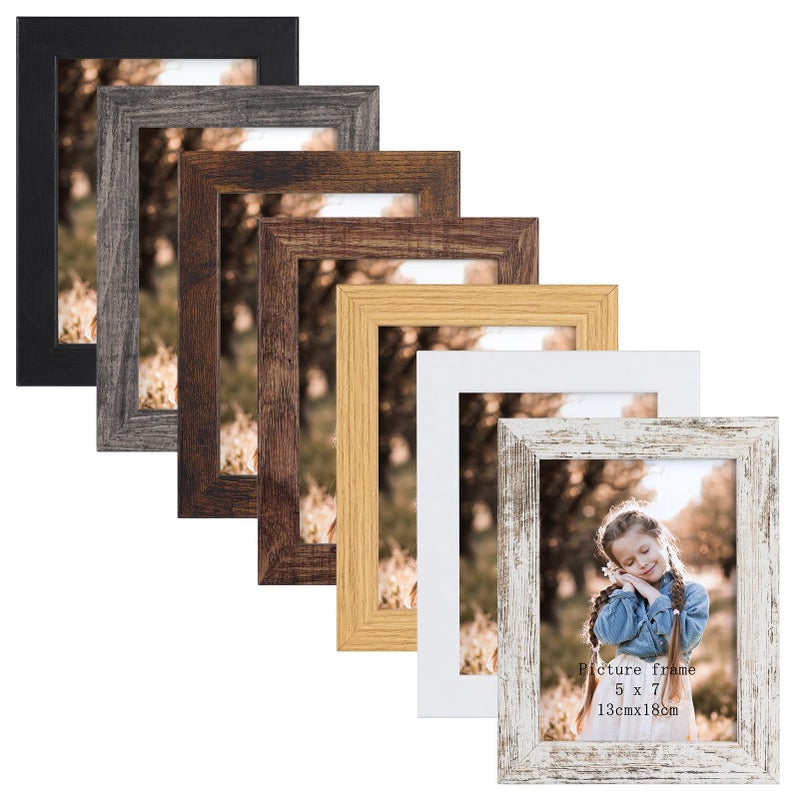 PETAFLOP 5x7 Picture Frame Set of 7  Wooden Rustic Photo Frames 5 by 7 for Tabletop and Wall Display  Assorted Colors - Image 1