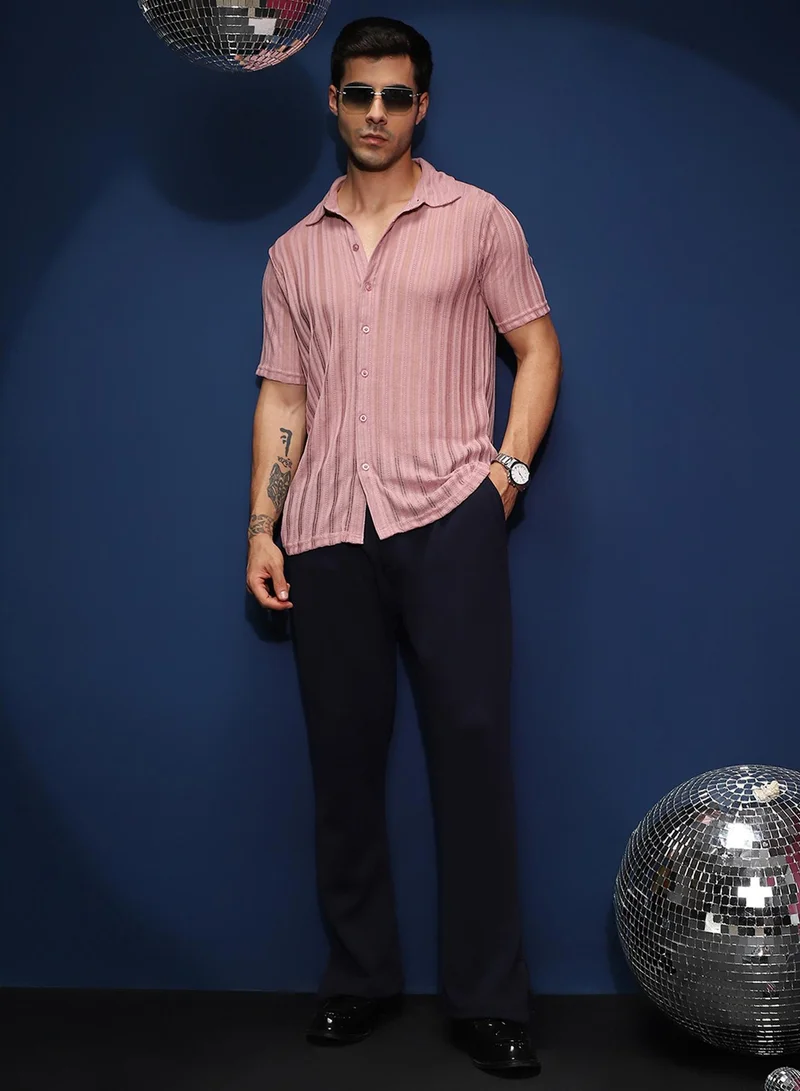 كامبوس سوترا Campus Sutra Men's Rouge Pink Ridge Knit Shirt For Casual Wear | Spread Collar | Short Regular Sleeves | Button Closure | Shirt Shirt Crafted With Comfort Fit For Everyday Wear