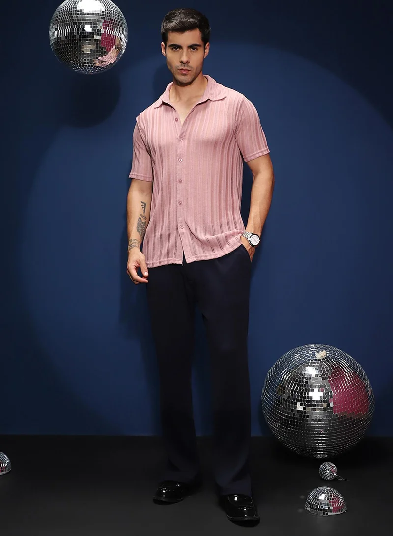 كامبوس سوترا Campus Sutra Men's Rouge Pink Ridge Knit Shirt For Casual Wear | Spread Collar | Short Regular Sleeves | Button Closure | Shirt Shirt Crafted With Comfort Fit For Everyday Wear