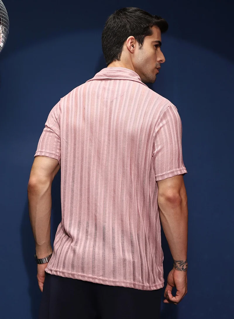 كامبوس سوترا Campus Sutra Men's Rouge Pink Ridge Knit Shirt For Casual Wear | Spread Collar | Short Regular Sleeves | Button Closure | Shirt Shirt Crafted With Comfort Fit For Everyday Wear