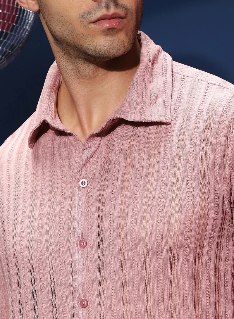 كامبوس سوترا Campus Sutra Men's Rouge Pink Ridge Knit Shirt For Casual Wear | Spread Collar | Short Regular Sleeves | Button Closure | Shirt Shirt Crafted With Comfort Fit For Everyday Wear