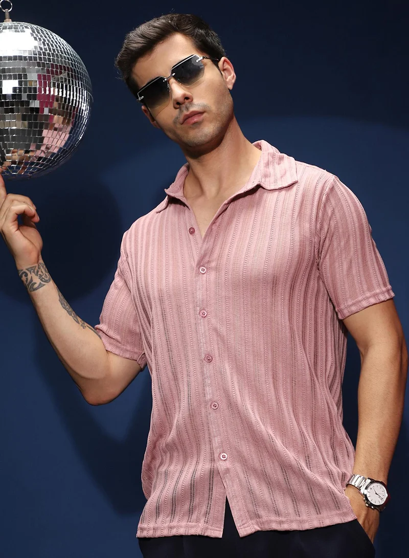 كامبوس سوترا Campus Sutra Men's Rouge Pink Ridge Knit Shirt For Casual Wear | Spread Collar | Short Regular Sleeves | Button Closure | Shirt Shirt Crafted With Comfort Fit For Everyday Wear