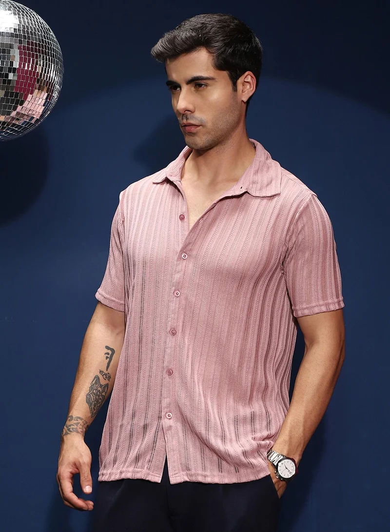 كامبوس سوترا Campus Sutra Men's Rouge Pink Ridge Knit Shirt For Casual Wear | Spread Collar | Short Regular Sleeves | Button Closure | Shirt Shirt Crafted With Comfort Fit For Everyday Wear