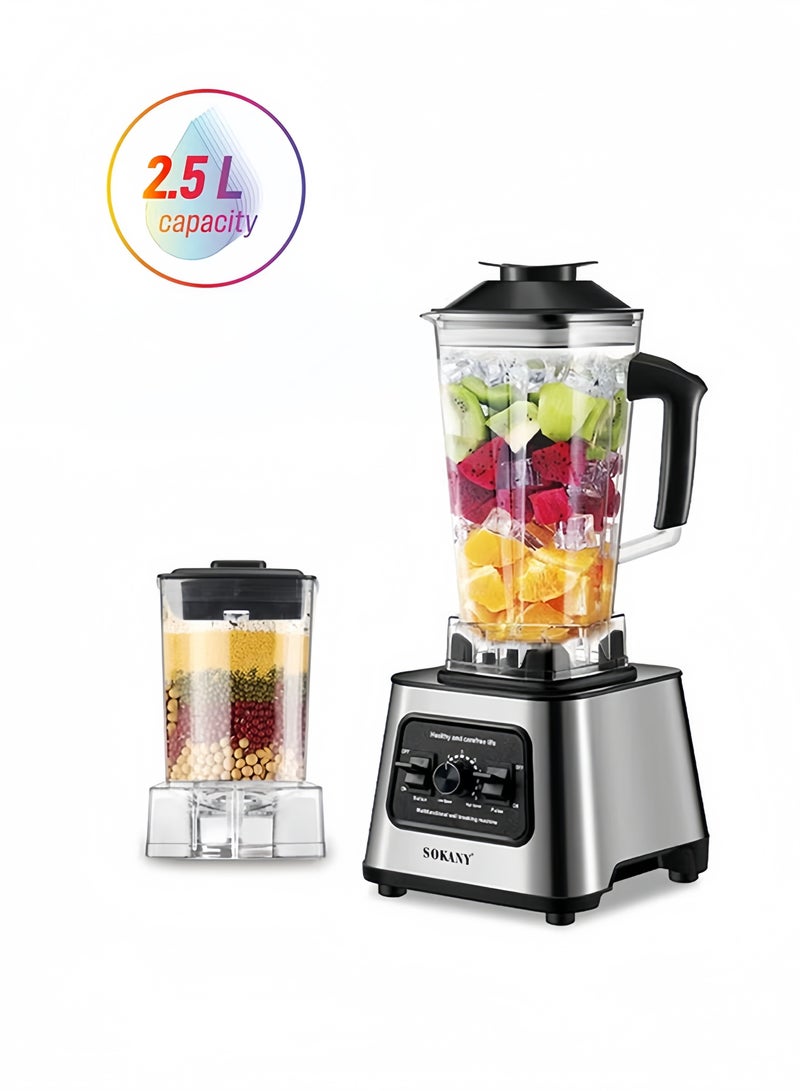 sokany Electric Countertop Blender, Multifunction Mixer, Juicer, Grinder, with 2 Cups, 2.5L, 9-Speeds, SK-999, Silver - Image 1