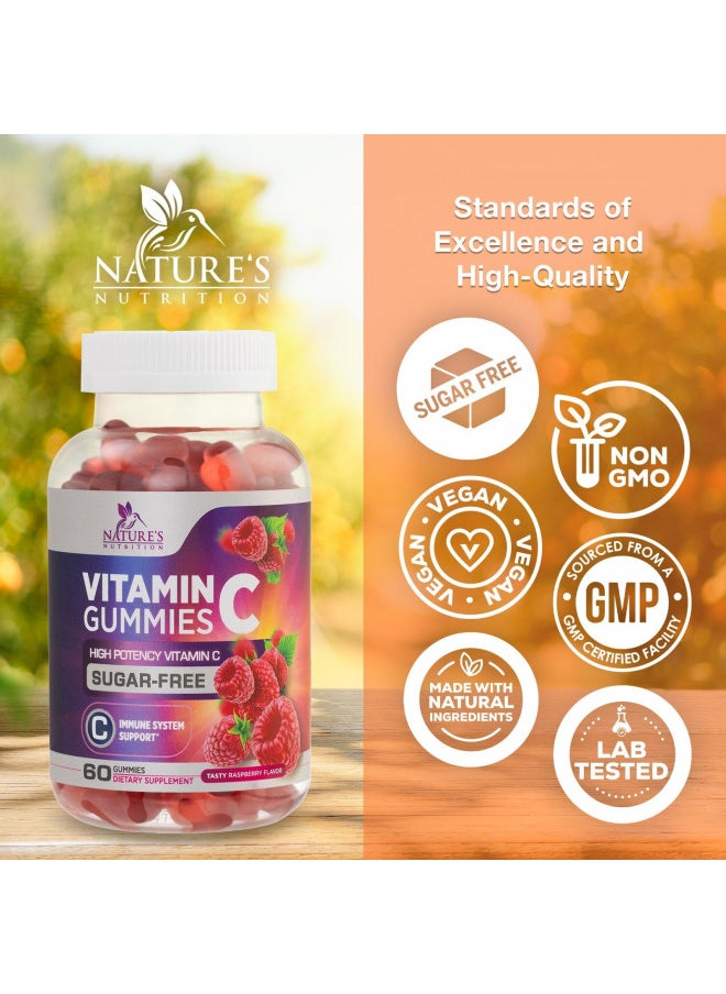 Nature's Nutrition - Sugar Free Vitamin C Gummies - Immune Support & Antioxidant Vitamin Dietary Supplement - Vegan, Non-GMO, Dairy & Gluten Free C Gummy Vitamins - Raspberry Flavor for Kids & Adults - 60 Count Gummies - Image 1
