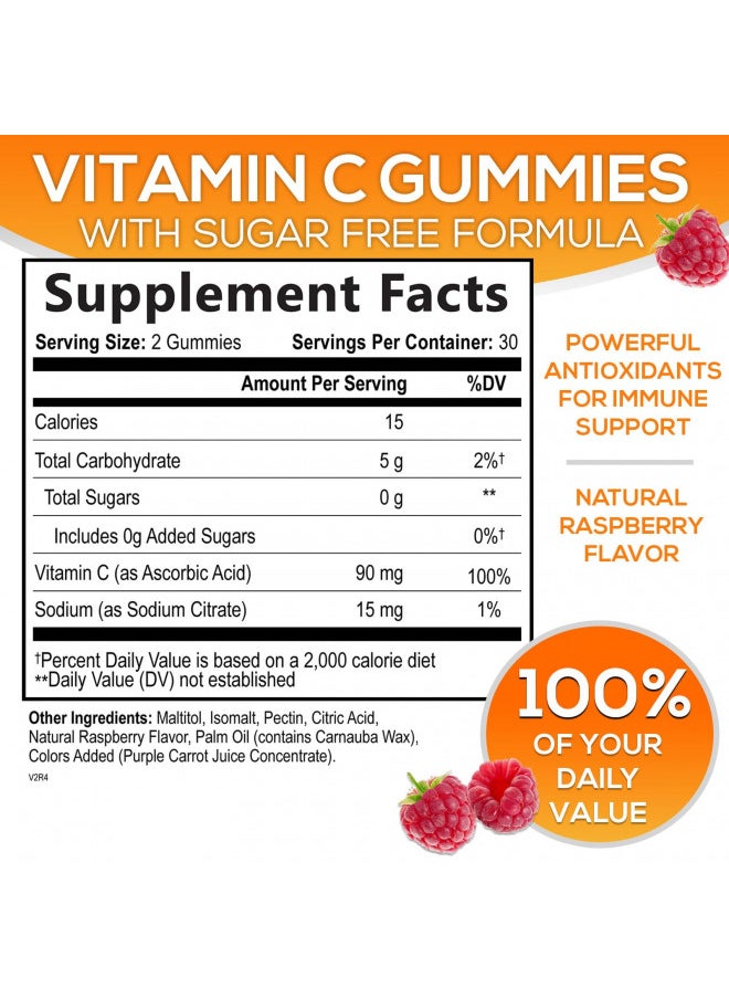 Nature's Nutrition - Sugar Free Vitamin C Gummies - Immune Support & Antioxidant Vitamin Dietary Supplement - Vegan, Non-GMO, Dairy & Gluten Free C Gummy Vitamins - Raspberry Flavor for Kids & Adults - 60 Count Gummies - Image 1