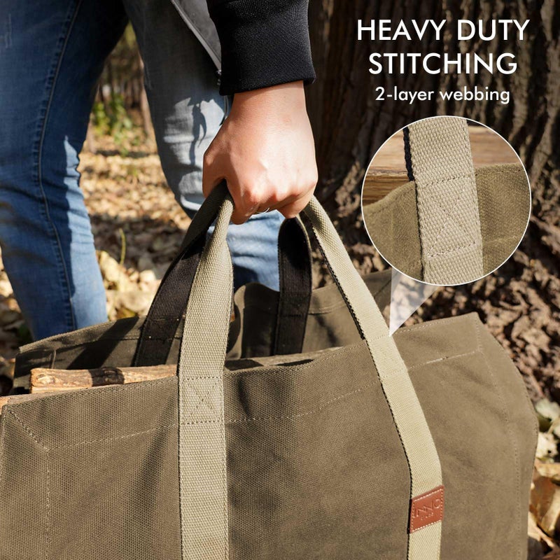 INNO STAGE 22oz Waxed Canvas Fire Wood Log Carrier Tote Bag for Fireplace with Patented Self Standing Design for Hay Hauling Outdoor Camping or BBQ Barbecue- Khaki - Image 5