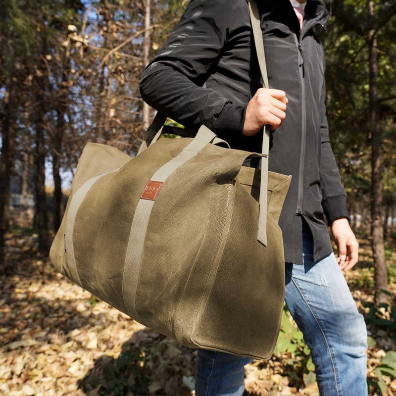 INNO STAGE 22oz Waxed Canvas Fire Wood Log Carrier Tote Bag for Fireplace with Patented Self Standing Design for Hay Hauling Outdoor Camping or BBQ Barbecue- Khaki - Image 3
