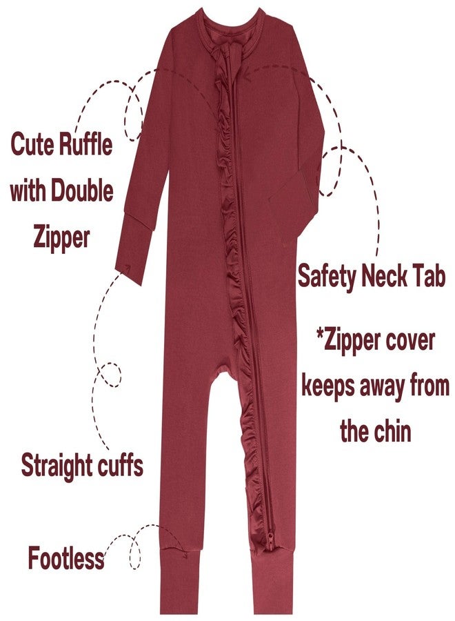 GUISBY Baby Girl Pajamas, Comfy Rayon Long Sleeve with Double Zipper Sleepers Maroon 0-3 Months - Image 2