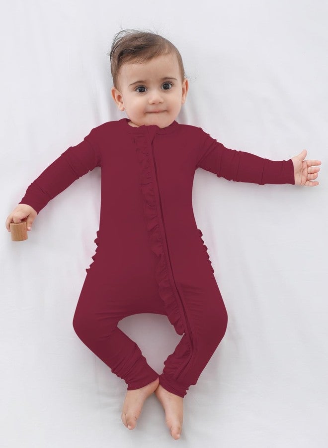 GUISBY Baby Girl Pajamas, Comfy Rayon Long Sleeve with Double Zipper Sleepers Maroon 0-3 Months - Image 4