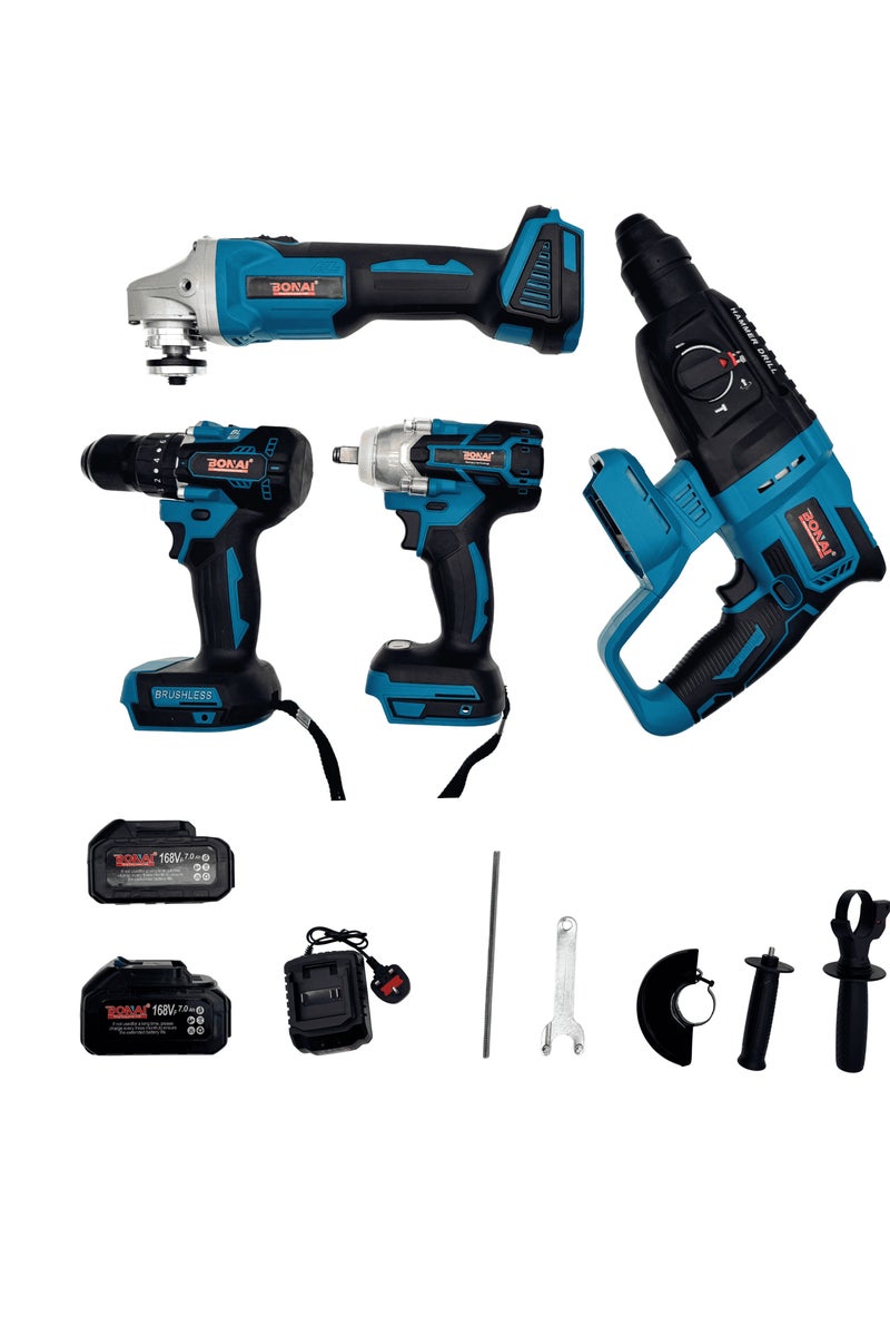 BONAI BN-HK47 4-in-1 Cordless Brushless Power Tool Set with Drill, Impact Wrench, Hammer Drill, Grinder, 2 Batteries, Charger and Accessories for Wood, Metal, Concrete and Home Projects - Image 1